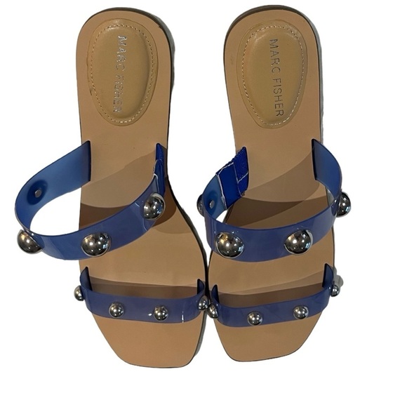 Marc Fisher Bornie Sandals Blue Lucite with Silver Studded Double Straps Sz 11 - Picture 4 of 8